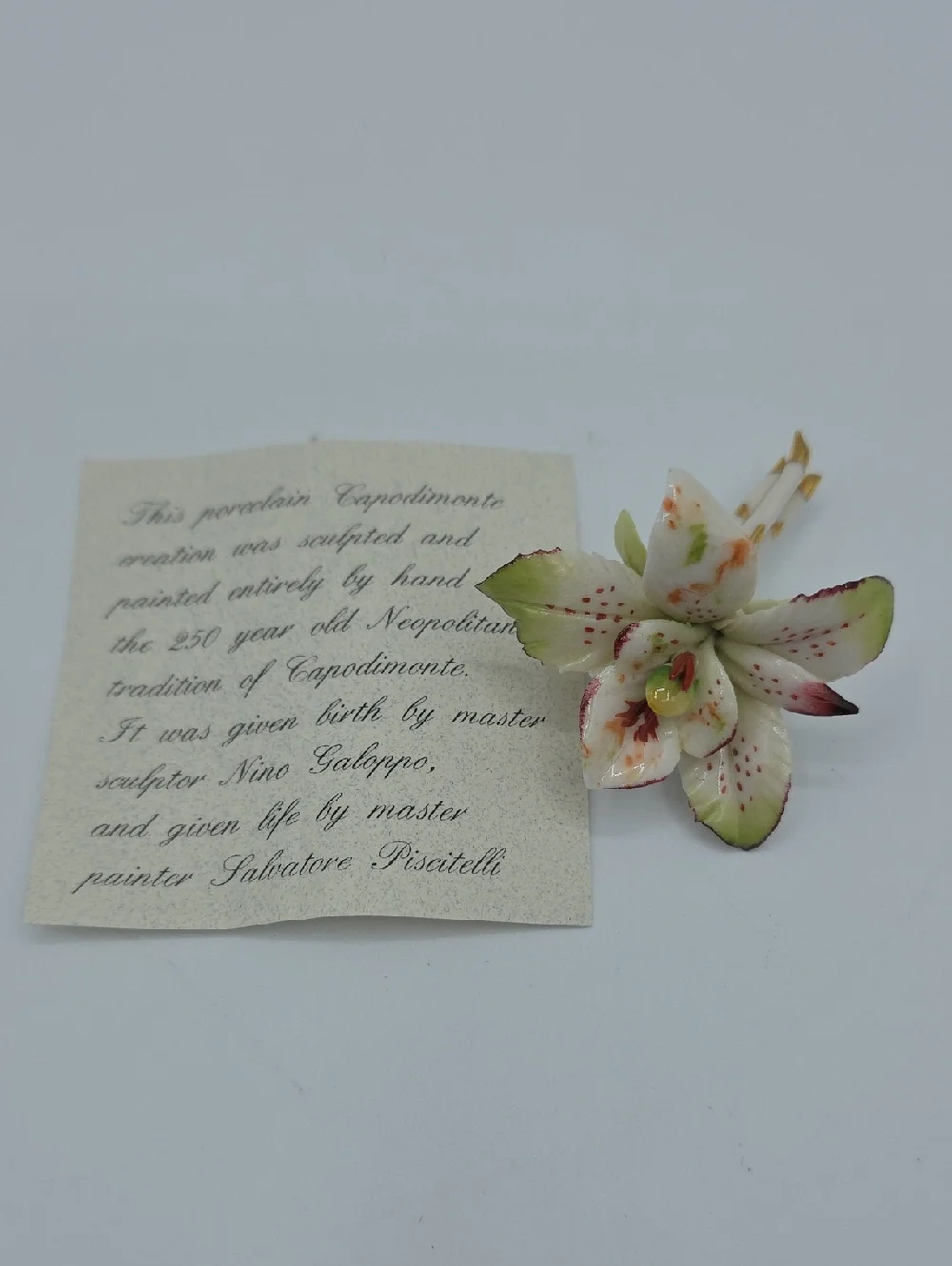 Porcelain Capodimonte Floral Lily Pin Brooch in Cream and Green